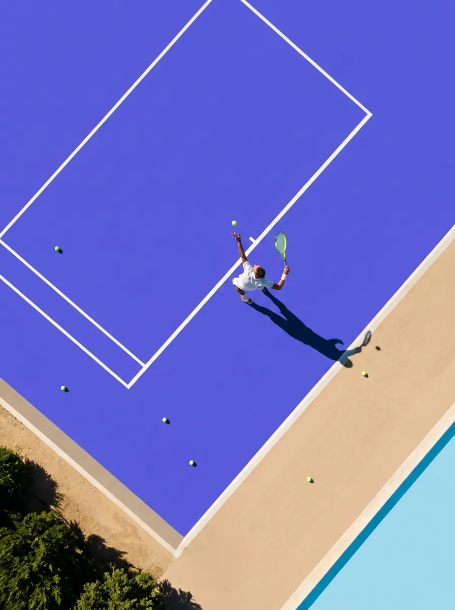 Violet tennis court from above, a player in white serving, long shadow