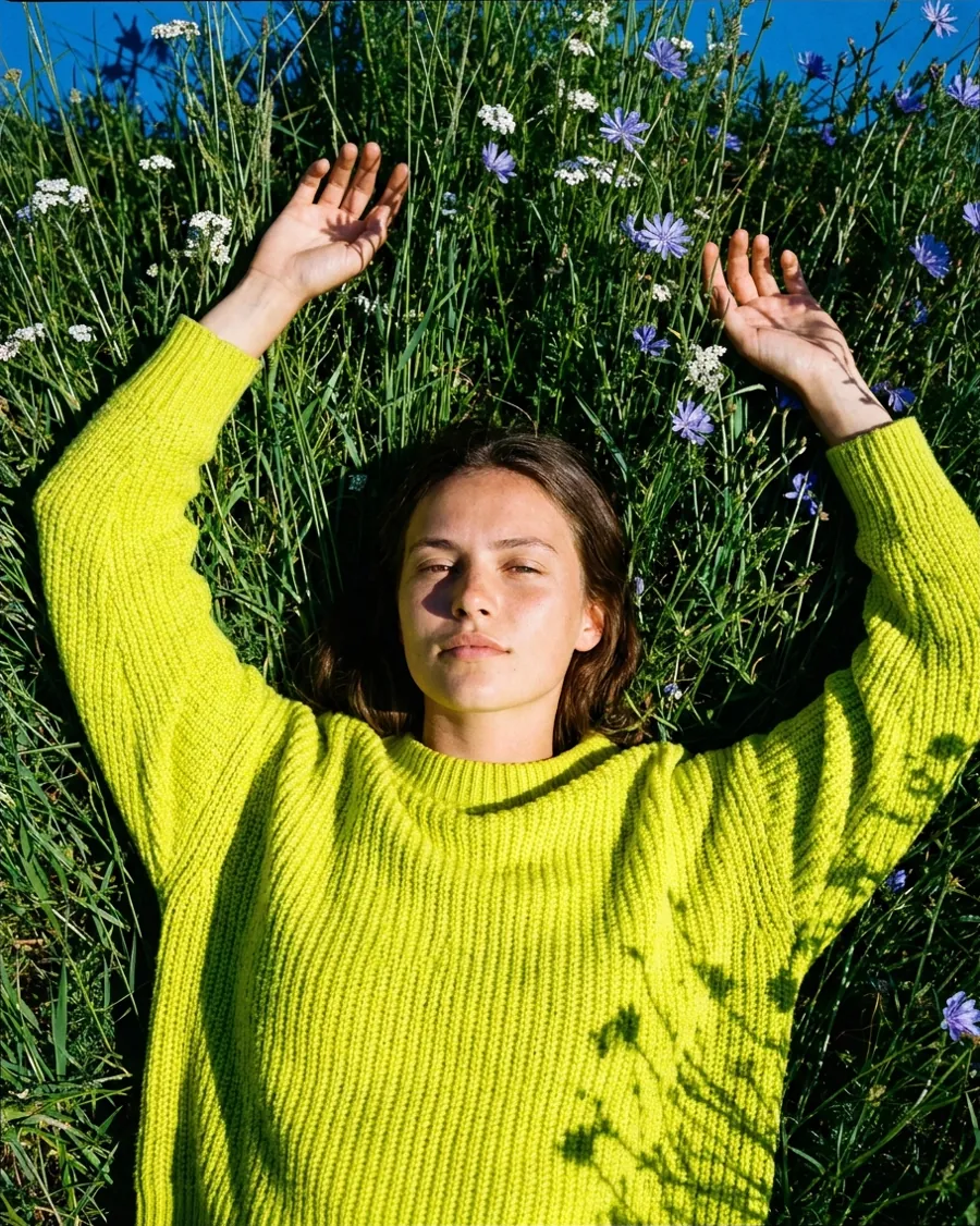 Woman in a lime green knit lying in a flower meadow, seen from above