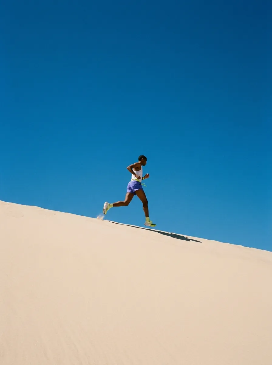 Runner in violet shorts on the crest of a pale sand dune against a deep blue sky