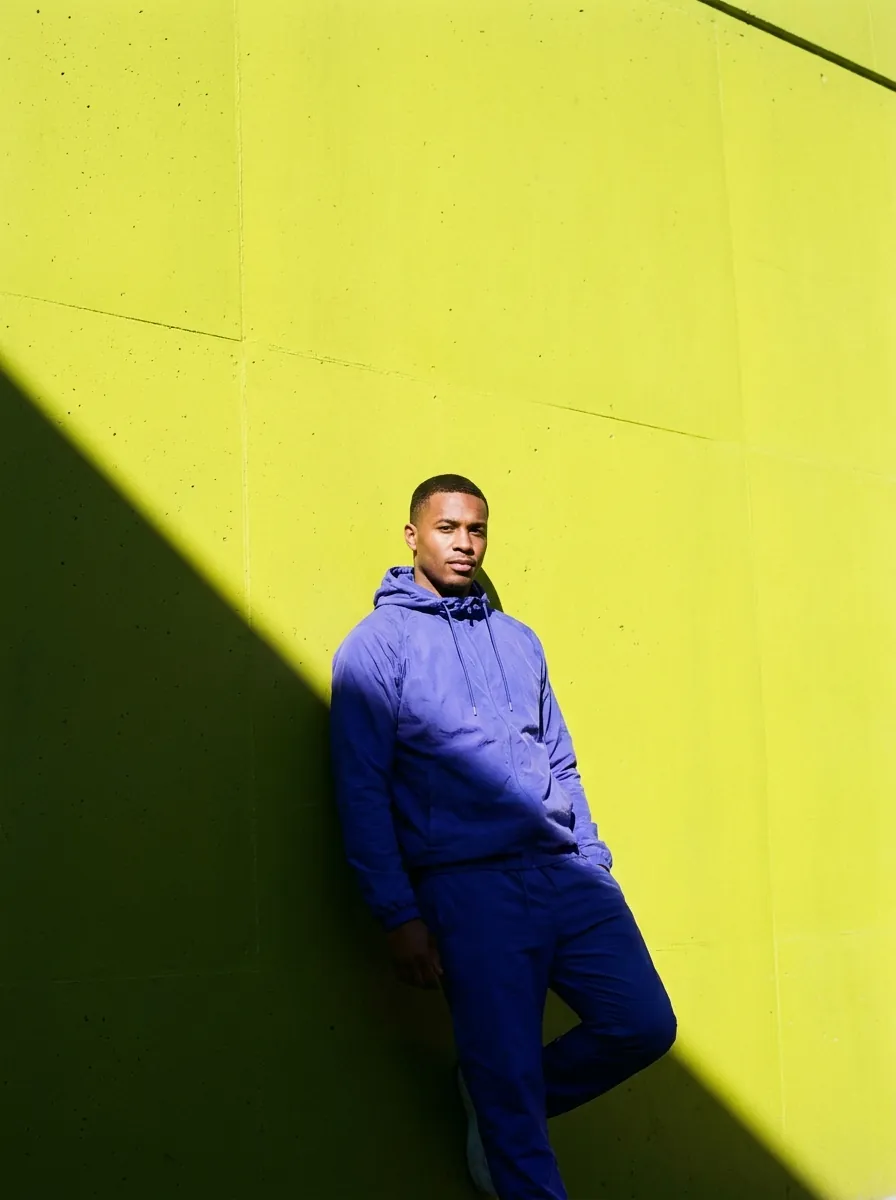 Man in a violet tracksuit leaning against a lime green wall, hard shadow line
