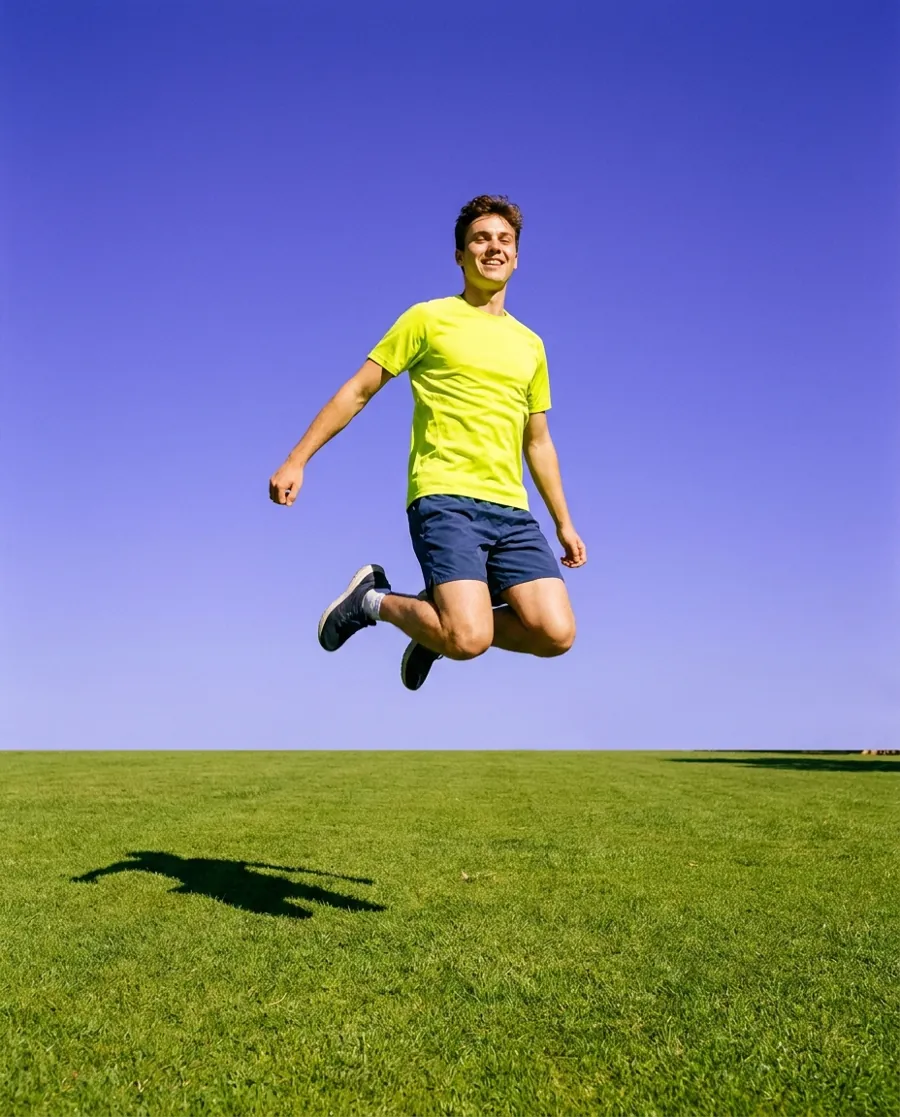 Young man in a lime green t-shirt jumping above a lawn, shot from below against the sky