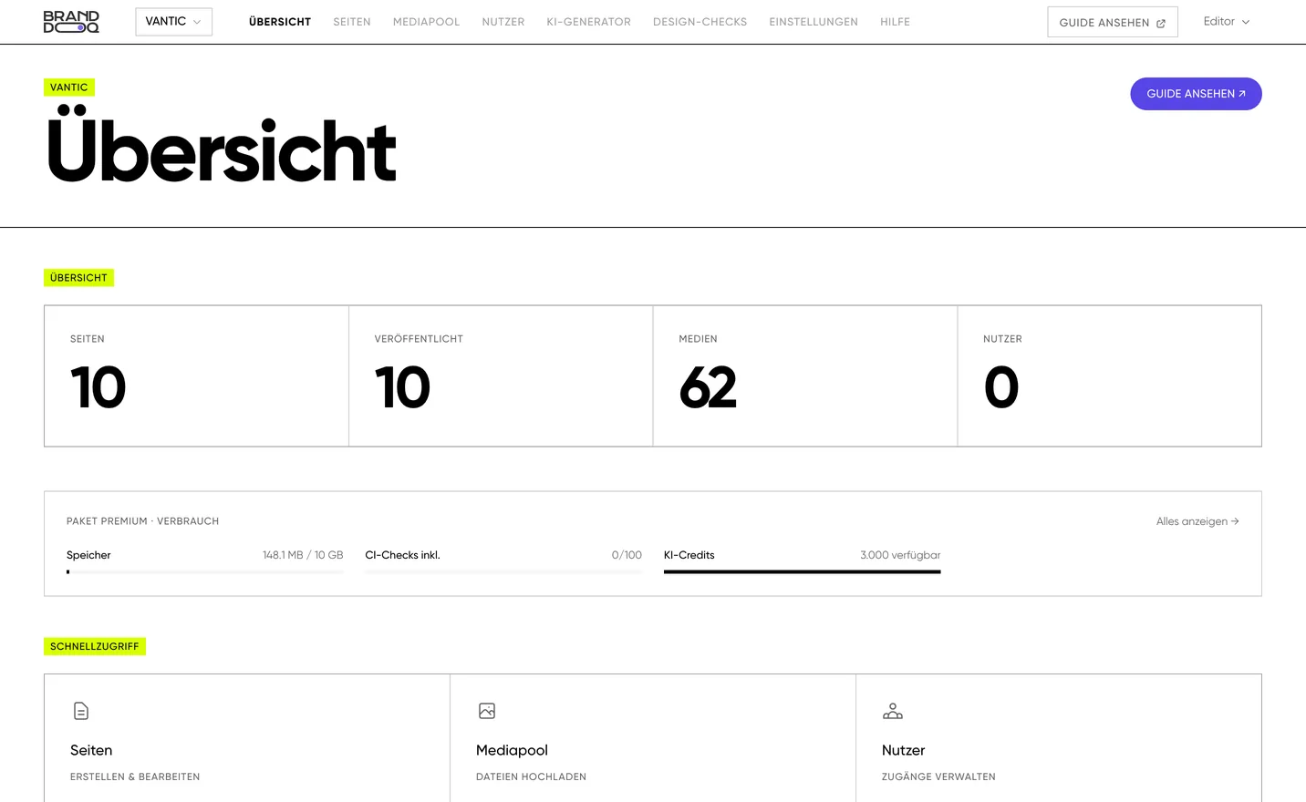 Das Kundenportal: Paket, Verbrauch und Design-Check-Übersicht eines Brand Guides