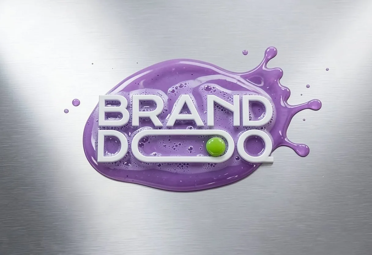 Branddoq wordmark in a purple paint splash on brushed steel