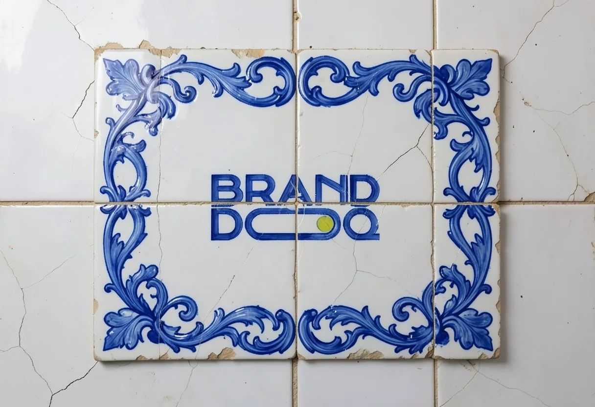 Branddoq wordmark on blue and white azulejo tiles