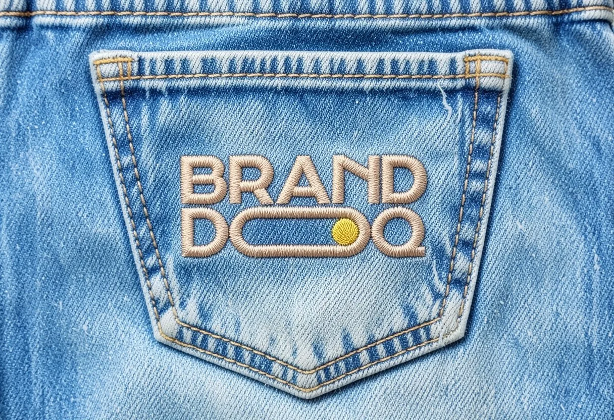 Branddoq wordmark embroidered on a denim pocket