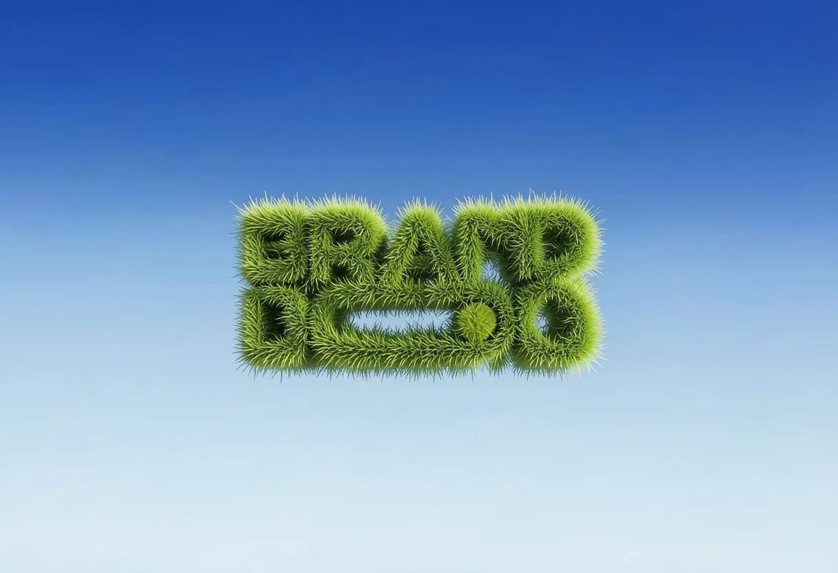 Branddoq wordmark made of grass against a blue sky