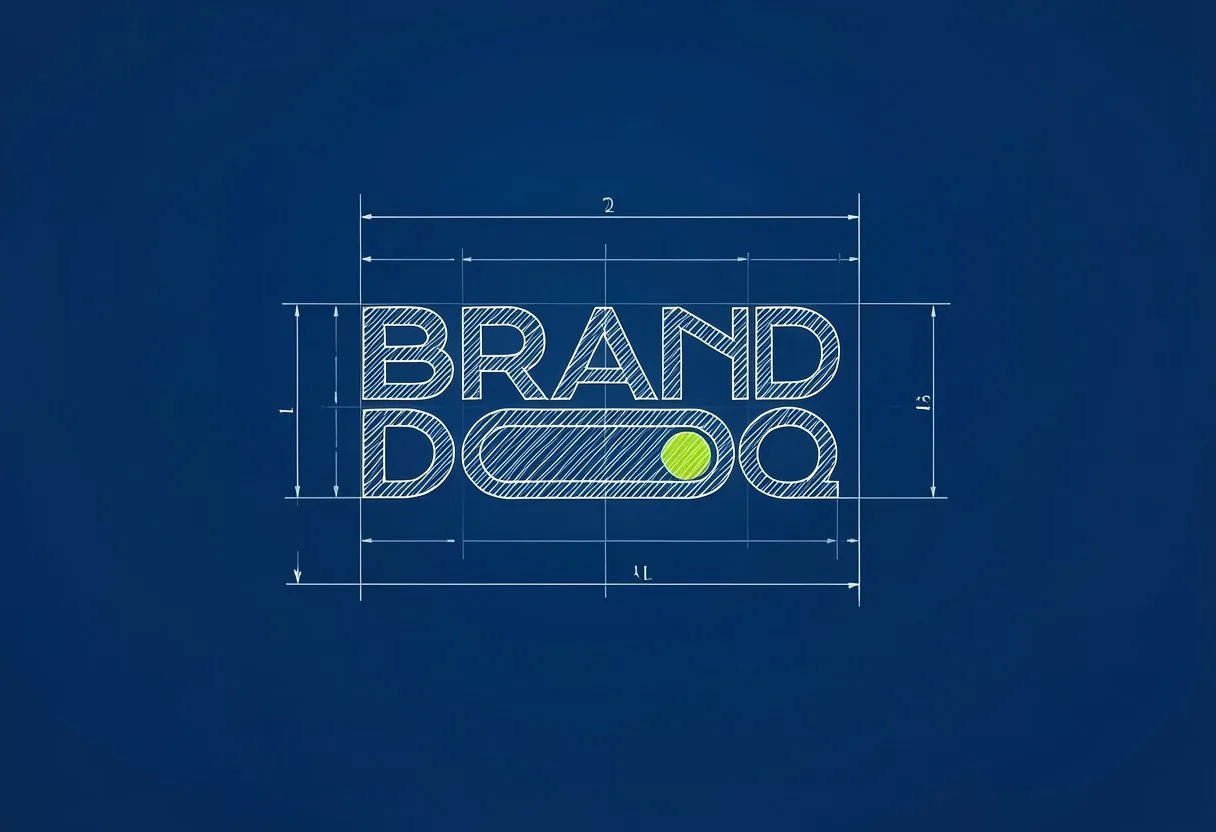 Branddoq wordmark as a technical drawing on a blueprint
