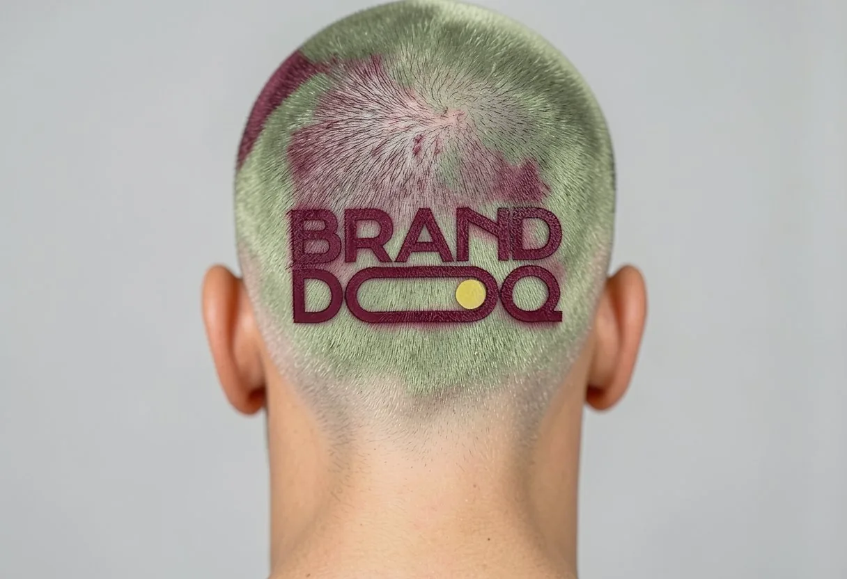 Branddoq wordmark shaved into the back of a head