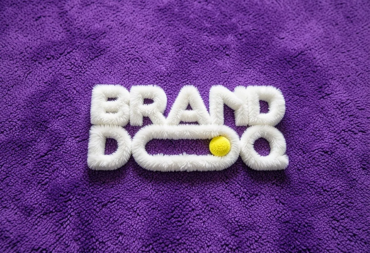 Branddoq wordmark in white plush on purple terry cloth