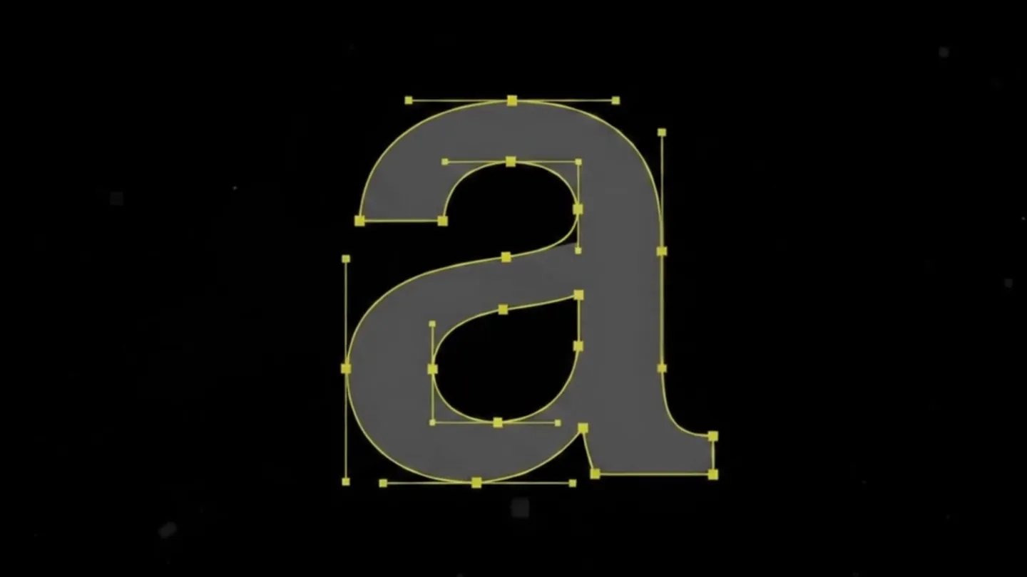 A serif “a” with visible anchor points and curve handles on black