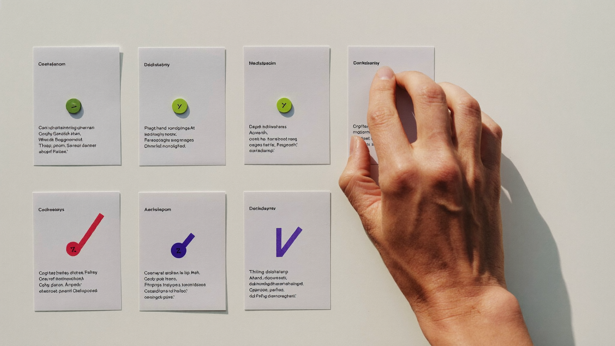 A hand sorting decision cards as a symbol for tool selection