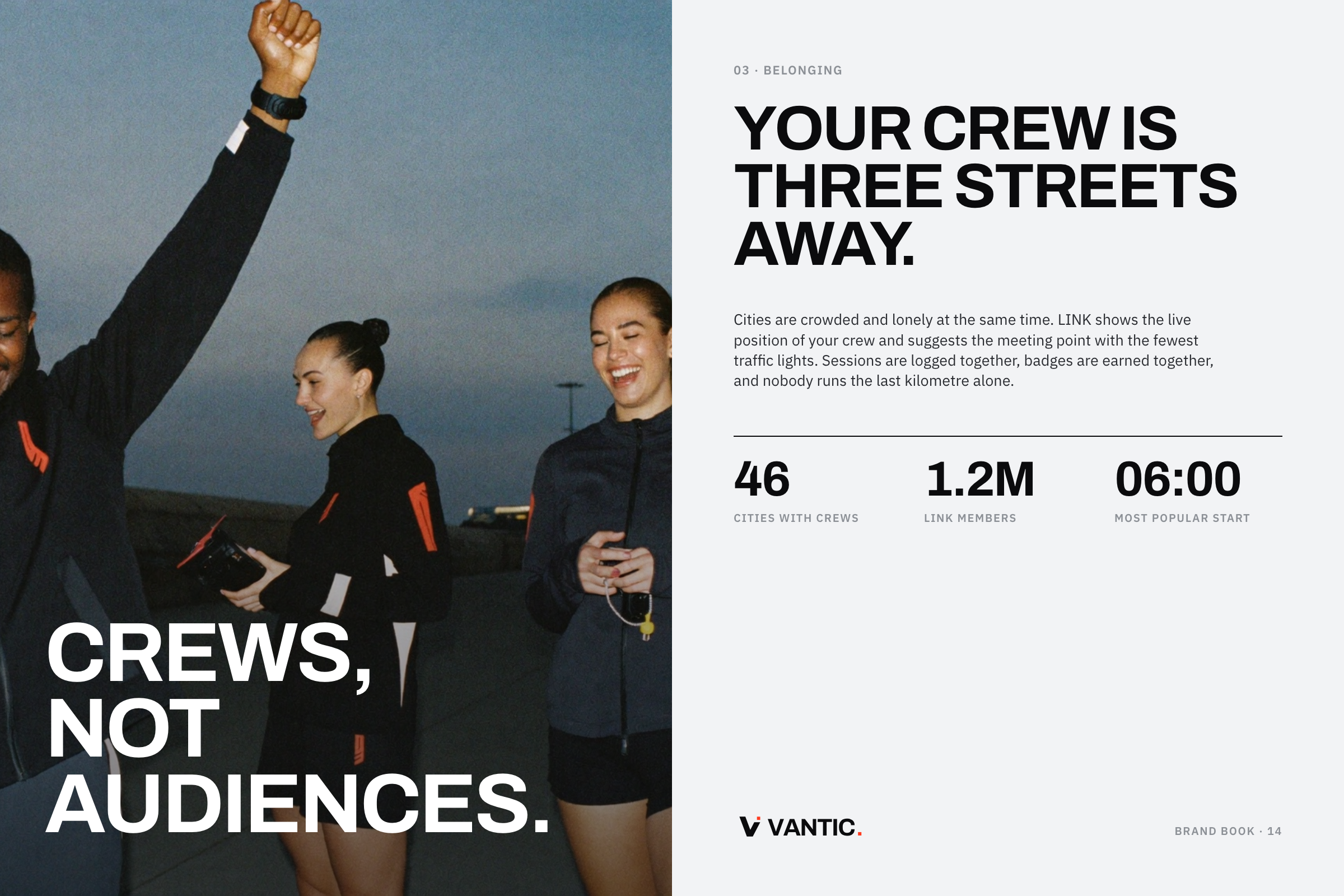 Brand book spread: Crews, not audiences